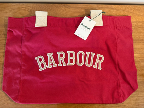 Barbour Red Canvas Tote Bag Beige Double Handles Zip Pocket Magnetic Closure