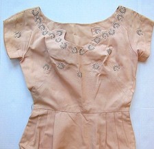 Vintage 1950's PEACHY PINK FAILLE DRESS Metal Rhinestones Embellishment - Size S