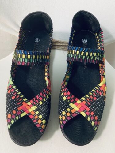 Sandalias/cuñas EDM Rave Bernie Mev neón multicolor talla 9,5 punta abierta tejidas/tejidas - Imagen 8 de 8