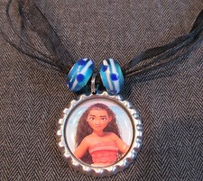Moana Ribbon Bottle Cap Bling Charm Necklace Striped Beads Ocean Maui Polynesia