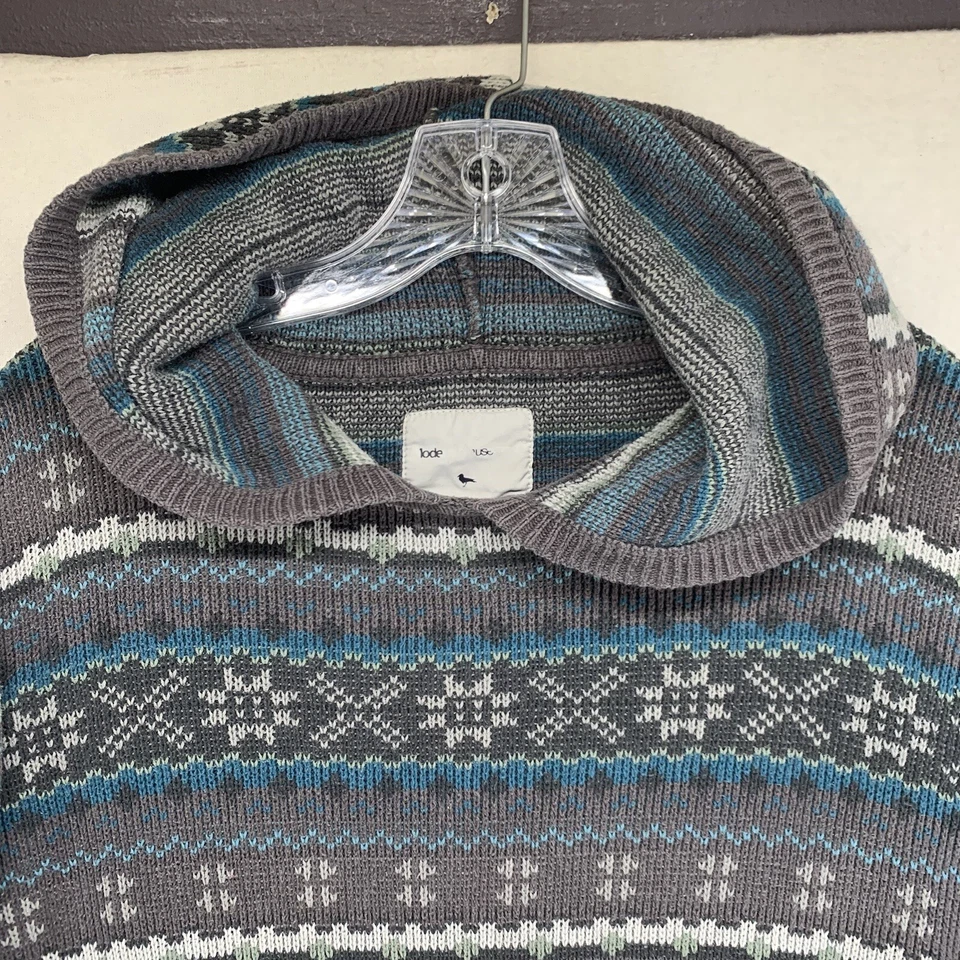 Suéter Grunge Grueso Moderno Gris Azul Blanco Fair Isle Con Capucha Usado Foto 3 de 4