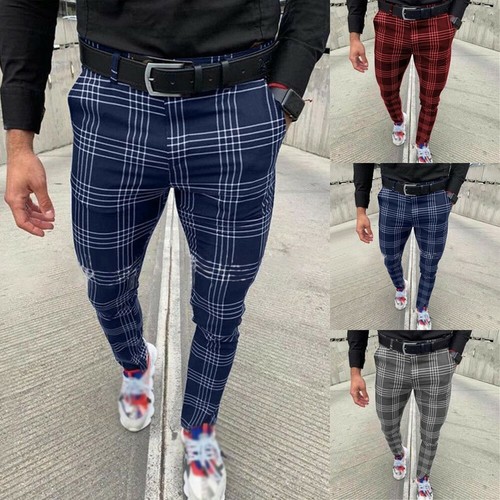 Mens Check Slim Fit Trousers Pants 