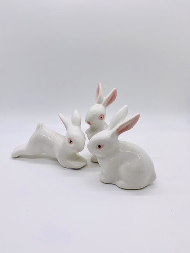 Adorable White & Pink Ceramic Bunny Family