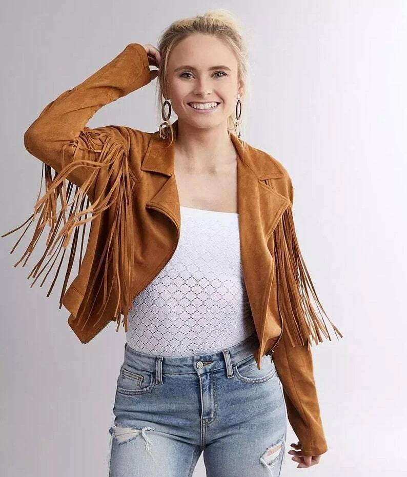 Women s Brown Suede Leather Tassel Jacket Western Cowgirl Style Fringes Jacket