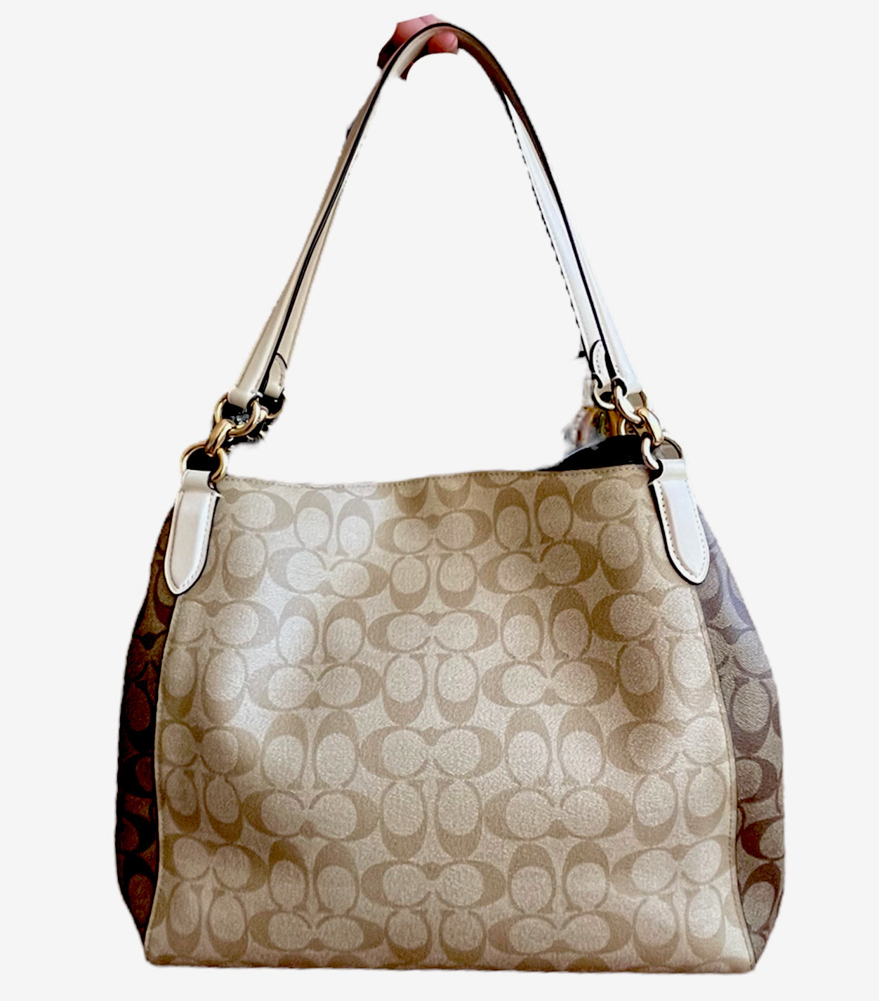 Coach Hallie Shoulder Bag Purse Signature Logo Coated Canvas Chalk