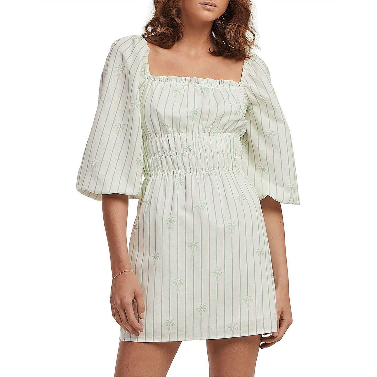 Charlie Holiday Womens Green Linen Short Puff Sleeve Mini Dress 10 BHFO 8513