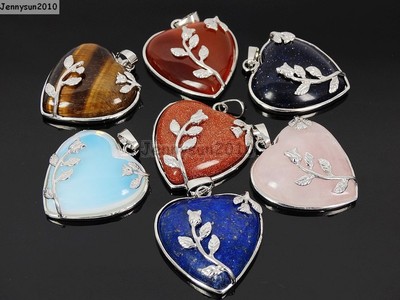 Natural Gemstone Heart Silver Plated Flower Reiki Chakra Pendant Charm Beads 