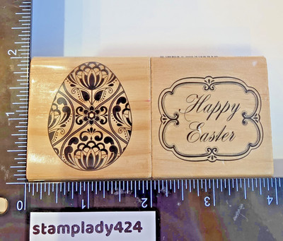 Faberge Egg Rubber Stamp Happy Easter Cursive Lot Wood Mount Painted Egg