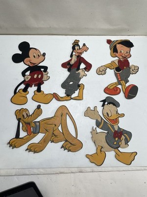 Vintage 1940s Disney Wooden Cutouts Mickey Goofy Pinocchio Donald Pluto Wall Art