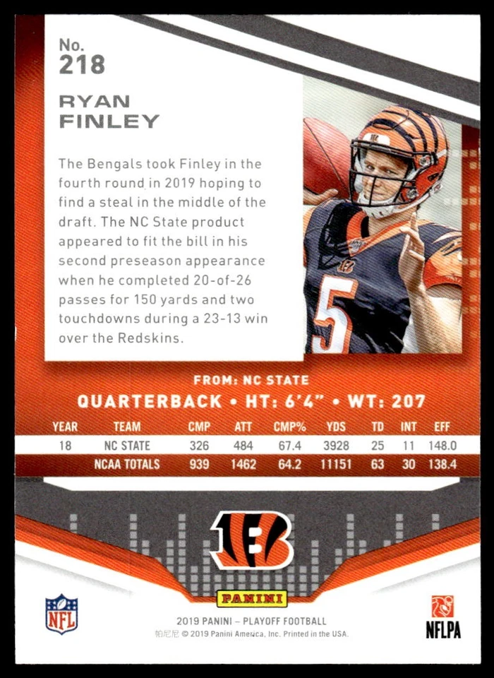 2019 Panini Playoff Ryan Finley #218 Rookie Cincinnati Bengals - Image 2 of 2