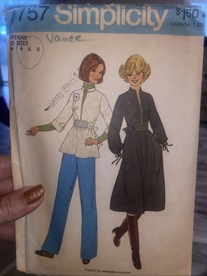 Vtg 70's Simplicity 7757 Pullover Dress Top Pattern & Embroidery Transfer sz 6-8
