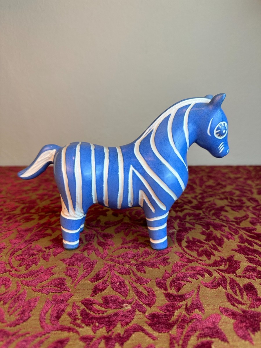 Vintage Pablo Zabal Chile Folk Pottery Blue White Horse Zebra