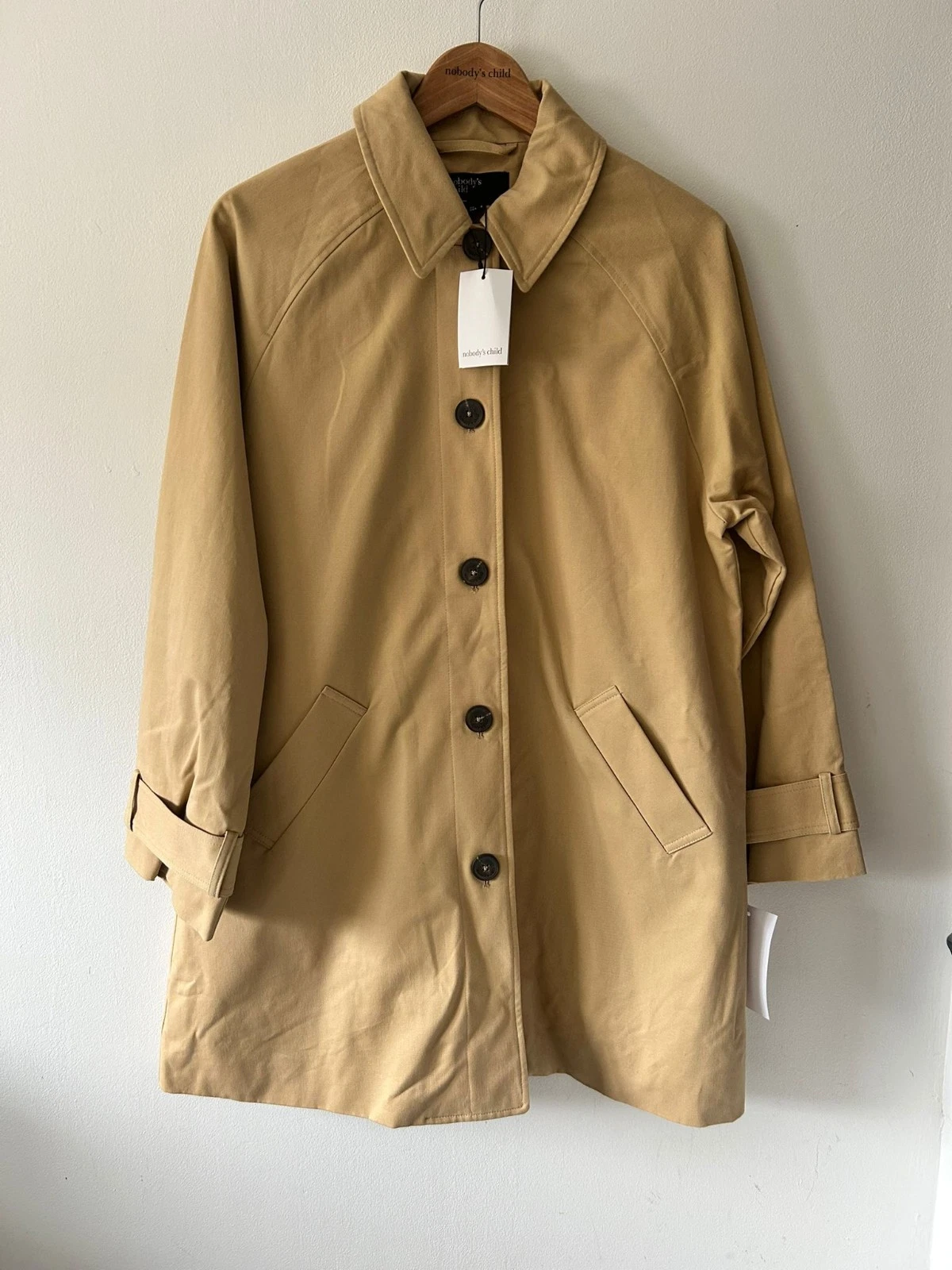 Nobody's Child Camel Trench Coat Size Small Check Lining Lightweight Car Coat