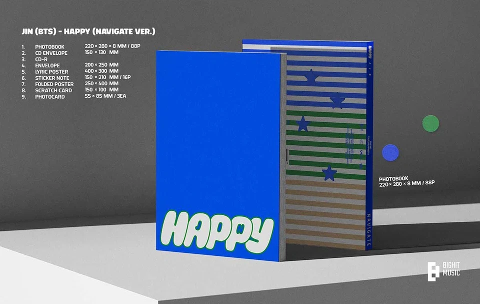 New JIN (BTS) Happy Ver. 3 Navigate CD SET w/ Lyric Poster Photobook Korean Pop - Image 2 of 3