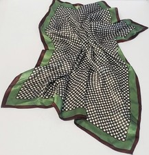 VTG Silk Scarf Round Link Pattern Green/ Brown/White 21x21 Square Preppy Classic