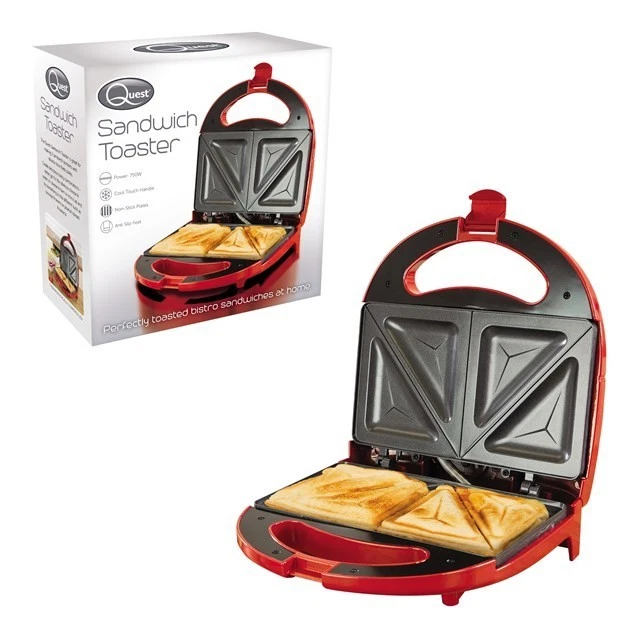 Quest 750W 2 Slice Red Panini Toastie Griddle Non Stick Sandwich Press Toaster