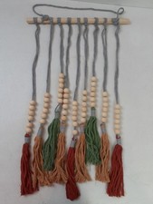 Yarn Wall Hanging Bohemian Yarn Tapestry Wood Beads 22"x14" Boho Home Decor 1125