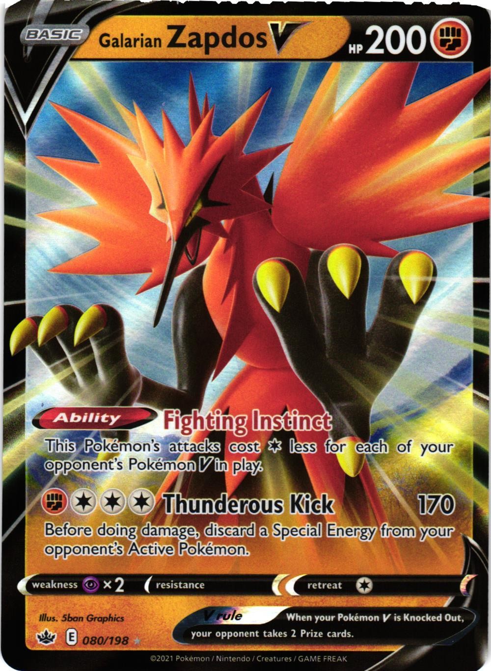GALARIAN ZAPDOS V 080/198 HOLO V RARE CHILLING REIGN POKEMON NM