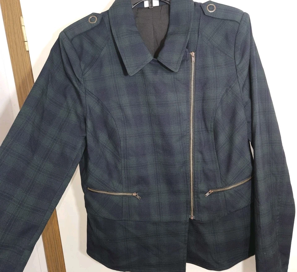 Cabi Moto Jacket Women's 8 Navy & Green 3181 Tartan Plaid Asymmetrical Academia - Image 3 of 4