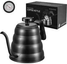 Black Stainless Steel Pour-Over Coffee Kettle Stove Top Gooseneck w/ Thermometer