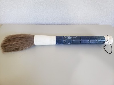 Vintage Chinese Calligraphy Brush Blue White Stone Handle Beads Horse Hair 16''