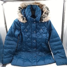 London Fog Women's Diamond Quilted Down Coat, Faux Fur, Navy, Sz M M3-B7 
