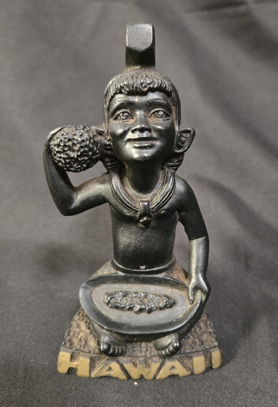 Vintage Cocojoes Lava Figure w/Bowl & a Shell to its Ear Hawaiian Souvenir