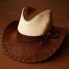 Cowhide Hair-On Leather Western Cowboy Hat Brown & White Handmade Unisex Gift