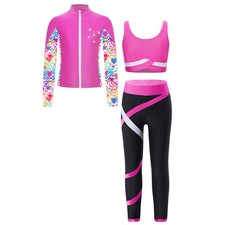 Kids Girls Tracksuit Figure Ice Skating Gym Crop Top Jacket with Skating Pants