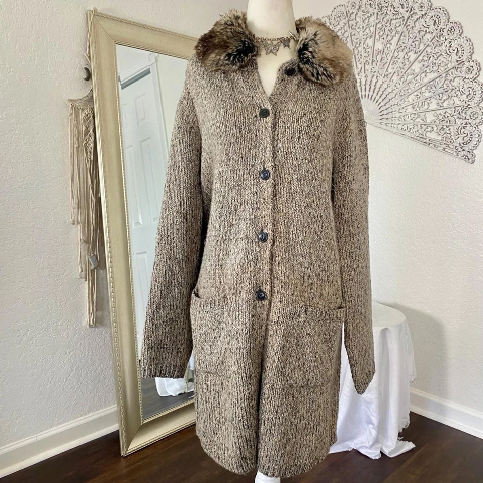 Кардиган J Jill коренастый богемный негабаритный длинный коренастый шерстяной вязаный с меховым воротником S - Изображение 3 из 4