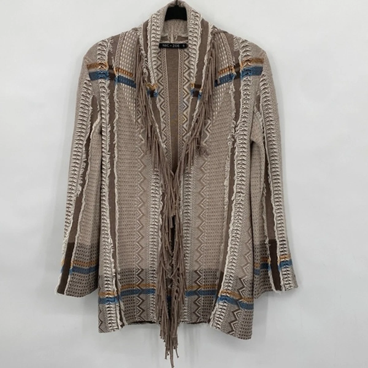 Nic + Zoe Boho Southwestern Knit Cardigan Fringe Casual Size 2 Petite