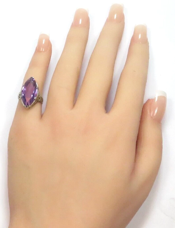 Antiguo anillo de filigrana de oro blanco de 18 quilates amatista marquesa de 1920 talla 3,25 UK-F1/2 Foto 2 de 4