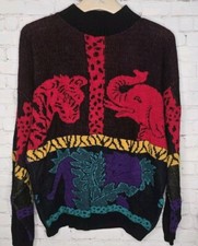 Vtg 80's Custom Design Knit Animals Design Oversize Colorful L Sweater Women USA