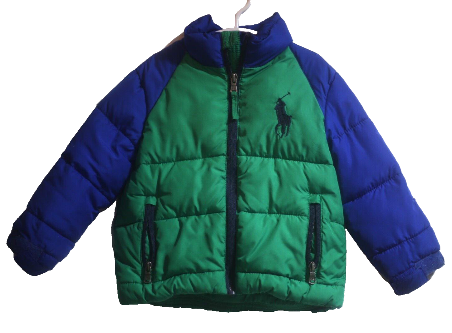 Polo Ralph Lauren bambino ragazzo taglia 2T giacca trapuntata cappotto verde blu grande pony DIFETTO