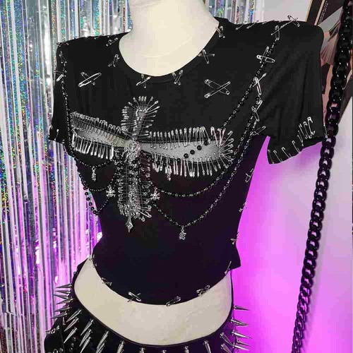 Skull Gothic Pin Cross Punk Rock E-Girls Y2K TOPS Digital Harajuku Grunge Emo - Picture 7 of 12