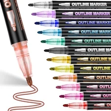 Super Sparkle Markers Double Line Outline Pens, 12 Colors Self Outline Metallic