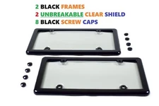 2 Unbreakable Clear License Plate Tag Shield Covers + 2 Black Frames + 8 Caps