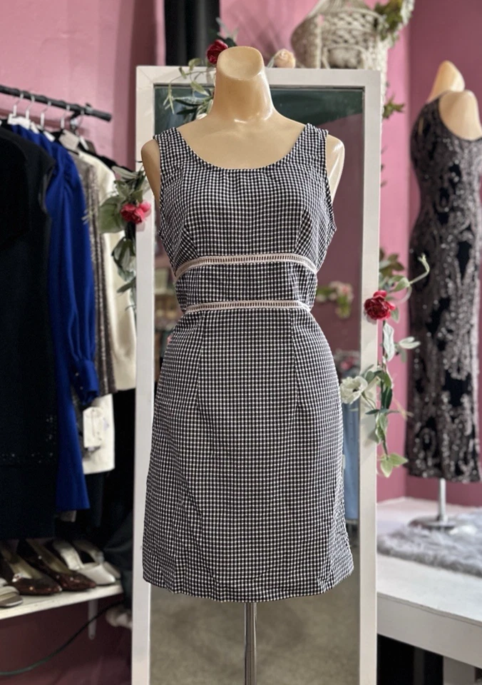 Vintage 90s Gingham Mini Dress Blue White Preppy Sleeveless Coquette Twee M - Image 2 of 4