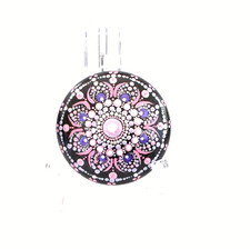 HOME DECORATION HAND PAINTED STONE 3"/MANDALA DOT PAINTED/METALLIC PINK ON BLACK