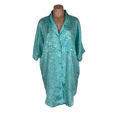 Vintage TJW by Mervyns Aqua Wet Look Floral Sissy Satin Shirt Nightgowm Size S
