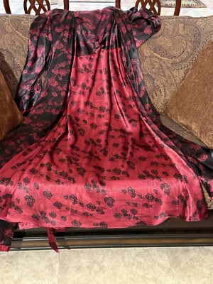 Vintage Lingerie Long Nightgown, Pegnior Set Red Print Pockets M/L Cabernet 