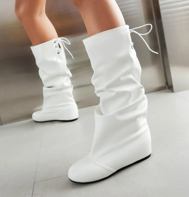 Женские искусственной кожи на танкетке каблуке туфли середины икры ботинки шнурует вверх повседневные ботинки - Изображение 3 из 4