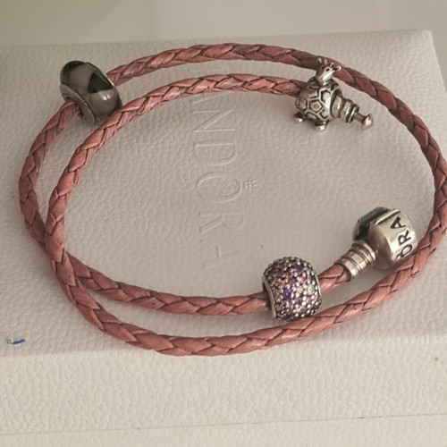 Pandora pulsera rosa con 3 charms 2 vueltas Armband Leder bracciale chic