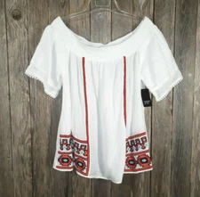 NEW Crown Ivy L Women's Red White Embroidered Off Shoulder Top Blouse
