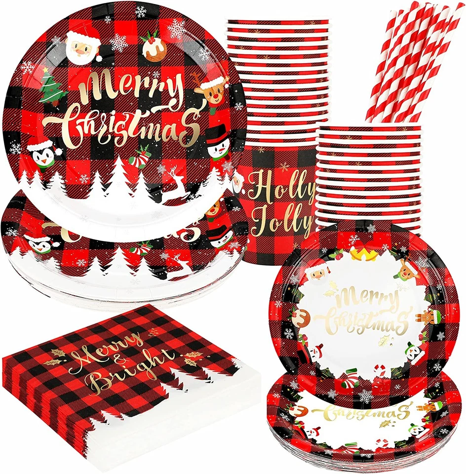 Christmas Paper Plates Napkins Set Disposable Holiday Foil Gold Paper Tableware - Imagem 4 de 4