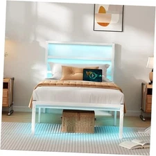 Bed Frame with Headboard,Heavy Duty Steel Slats Support-LED Bed Twin White