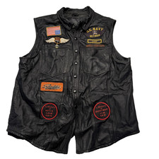 Vintage Harley-Davidson Vest Mens XL Black Leather Biker US Navy Patches 90s