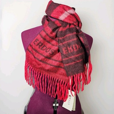 NWT Erdos Unisex Pure Cashmere Logo Scarf w/Fringe Red / Black Men/Women