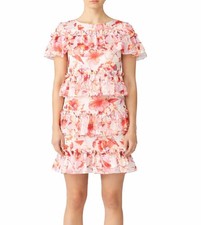 Badgley Mischka Floral Ruffle Tiered Mini Dress Pink Red Romantic Wedding Guest
