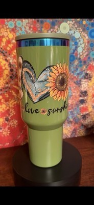 40oz Green Sunflower Peace Love Insulated Tumbler With Handle Lid